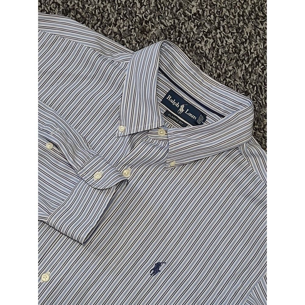 Polo Ralph Lauren‎ Pony Shirt Mens XL Blue Stripe Classic Fit Long Sleeve Button